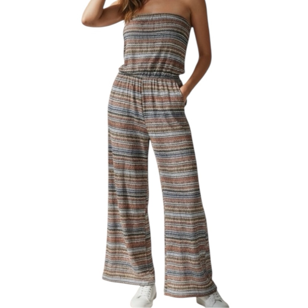 Exist Womens Indie Strapless Jumpsuit Striped Neutral Print Wide Flowy Leg NEW